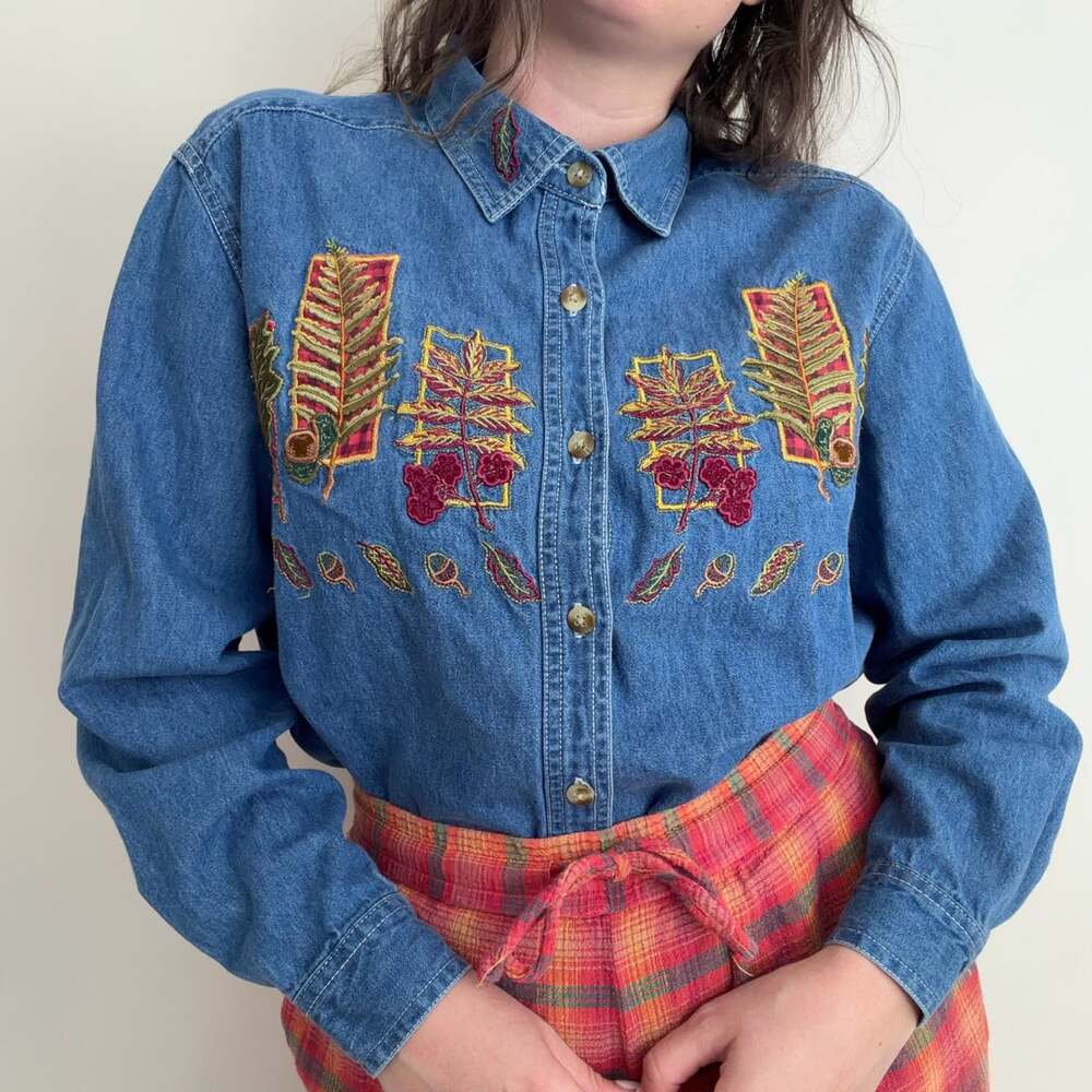 Vintage Leaves Embroidered Denim Shirt
